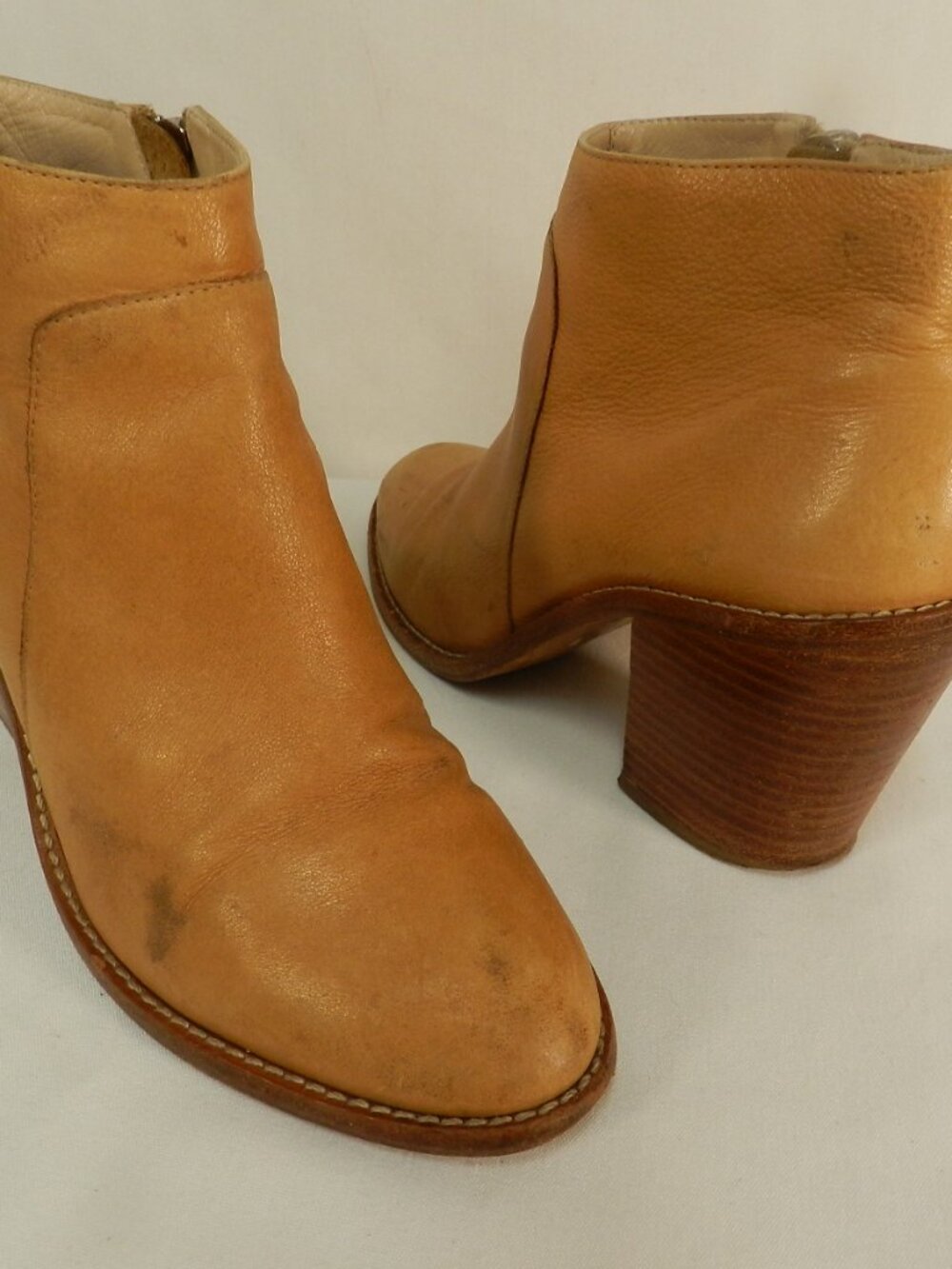 Loeffler Randall Leather block heel ankle zip boots booties camel Size Sz 7.5